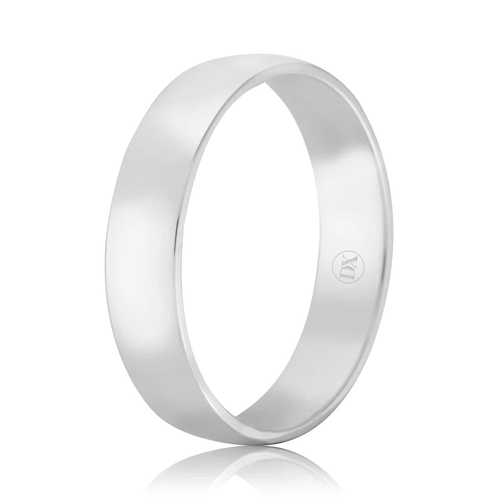 A simple, polished silver ring with a smooth surface and a small engraved logo inside the band.