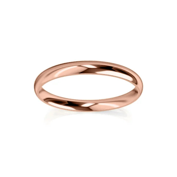 A simple, polished rose gold band ring with a smooth, shiny surface on a white background.