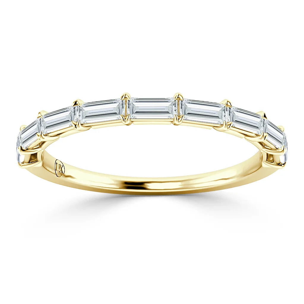 Gold band set with rectangular baguette diamonds in a row across the top, viewed from the front.