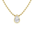 A gold chain necklace with a teardrop-shaped diamond pendant in a yellow gold bezel setting.