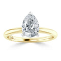 A pear-shaped diamond solitaire ring with a yellow gold band, shown from the front on a white background.