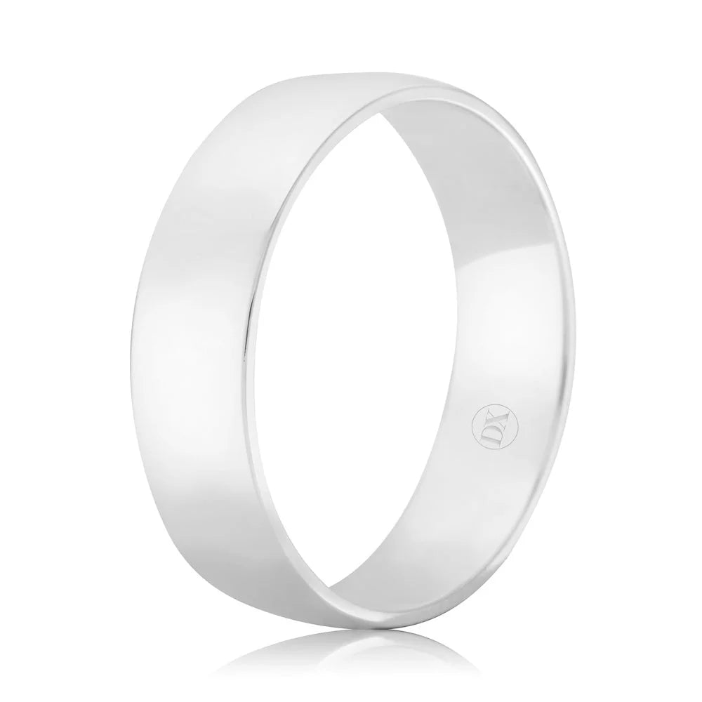 Simple, polished silver ring with a smooth surface and a small engraved logo inside the band.