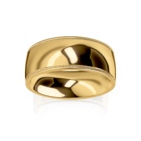 Wide, polished yellow gold ring with a subtle beaded edge detail, shown on a white background.