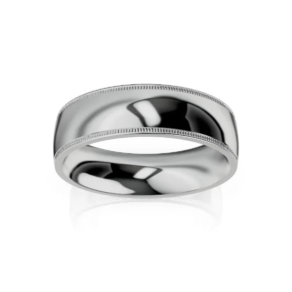 A polished silver ring with a smooth center and fine milgrain detailing along both edges.