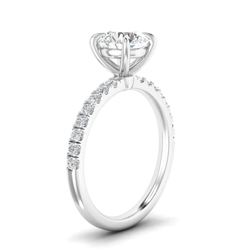 White gold ring with a large round diamond solitaire and small diamonds set along the band, on a white background.