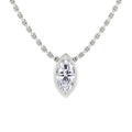 A marquise-cut diamond pendant set in white metal hangs from a delicate chain against a white background.