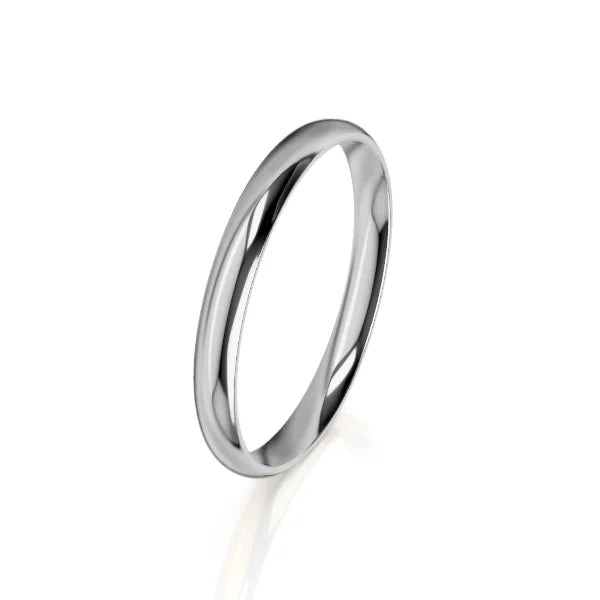 A simple, thin, polished silver band ring displayed on a white background with a soft shadow.