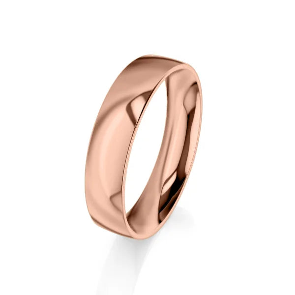 A simple, polished rose gold band ring with a smooth, shiny surface, shown on a white background.