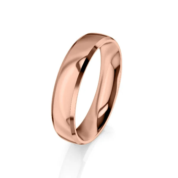 A polished rose gold wedding band with a smooth, rounded surface on a white background.