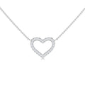 Silver chain necklace with an open heart pendant outlined in small sparkling diamonds, centered on white background.