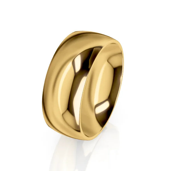 A wide, polished gold ring with a smooth, reflective surface on a plain white background.