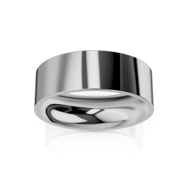A shiny, wide, silver metal ring with a smooth, polished surface on a white background.