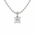 Silver chain necklace with a square-cut diamond pendant and three small round diamonds above the main stone.