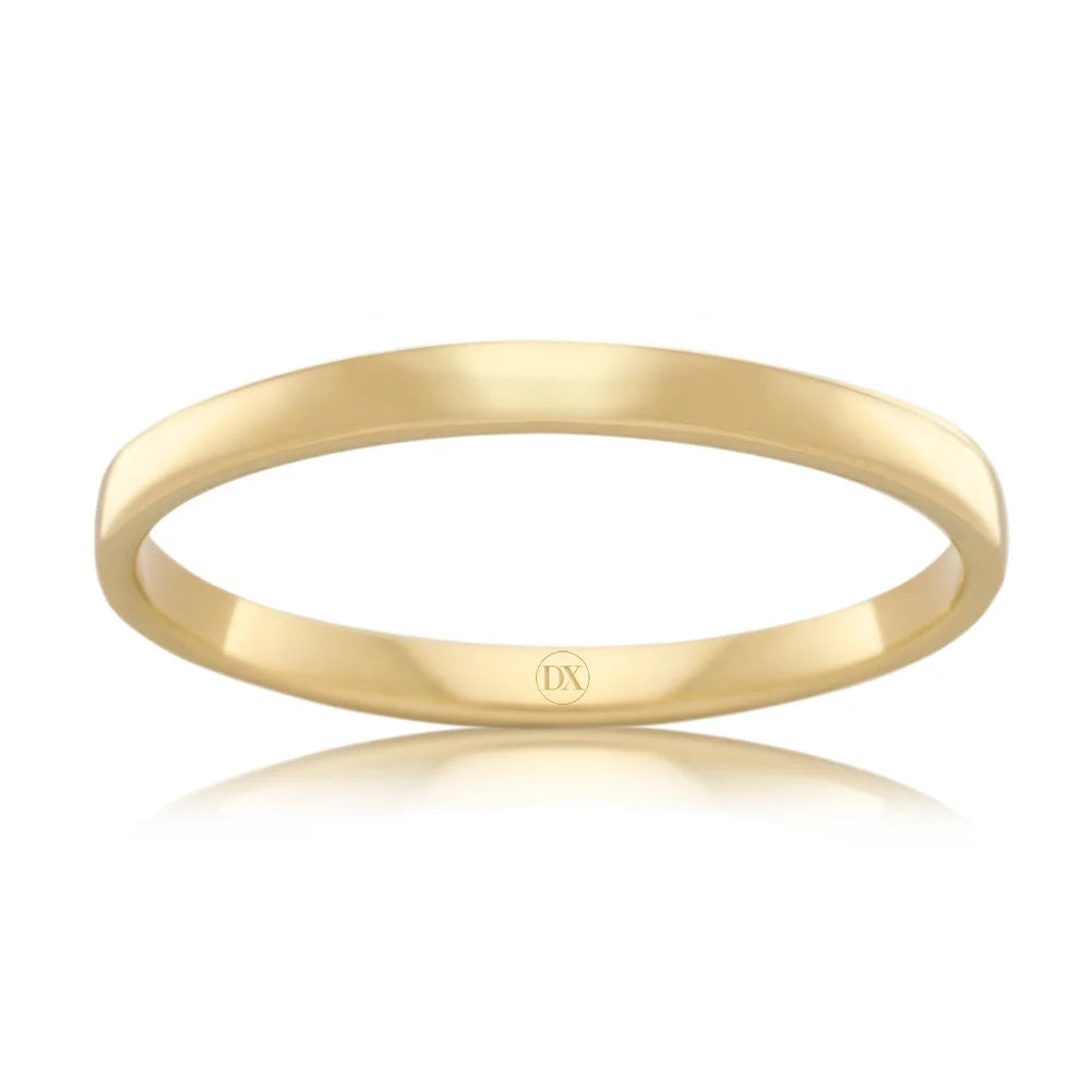 Simple, thin yellow gold band ring with a smooth, polished surface and a small hallmark inside.