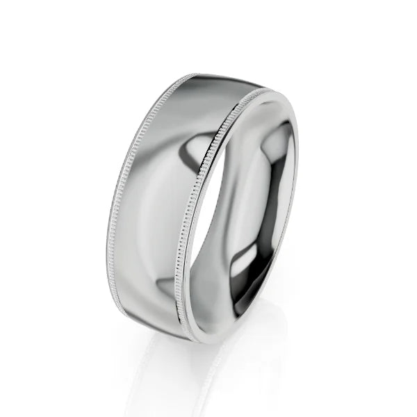 A polished silver ring with a smooth surface and fine milgrain edges, shown on a white background.