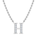 Silver necklace with a pendant shaped like the letter H, encrusted with small clear gemstones.