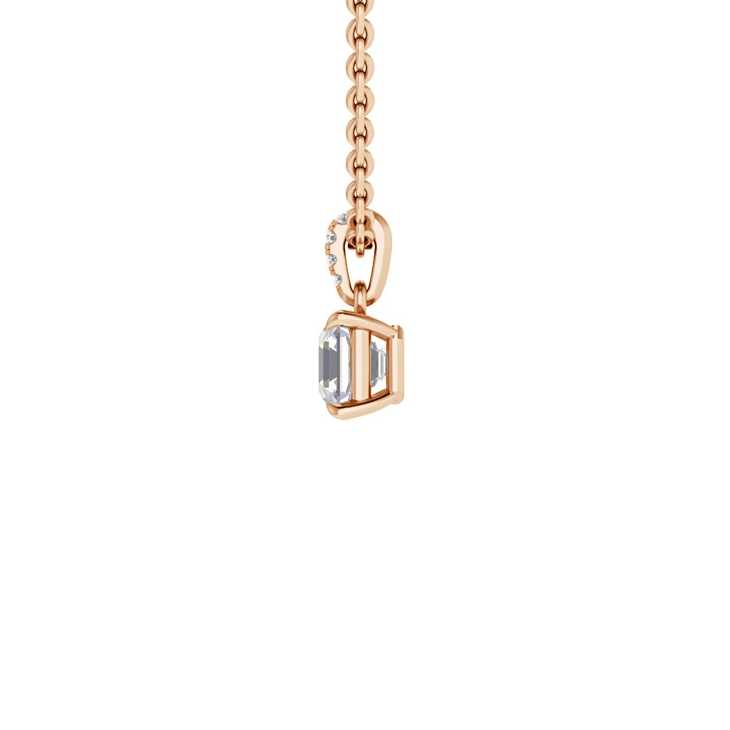Rose gold chain necklace with a rectangular gemstone pendant, side view, set against a white background.