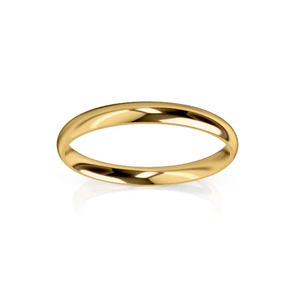 A simple, polished yellow gold band ring shown on a white background with a slight reflection beneath it.