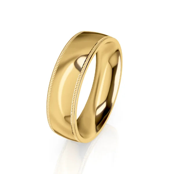 A polished yellow gold ring with smooth edges and a subtle milgrain border, shown on a white background.