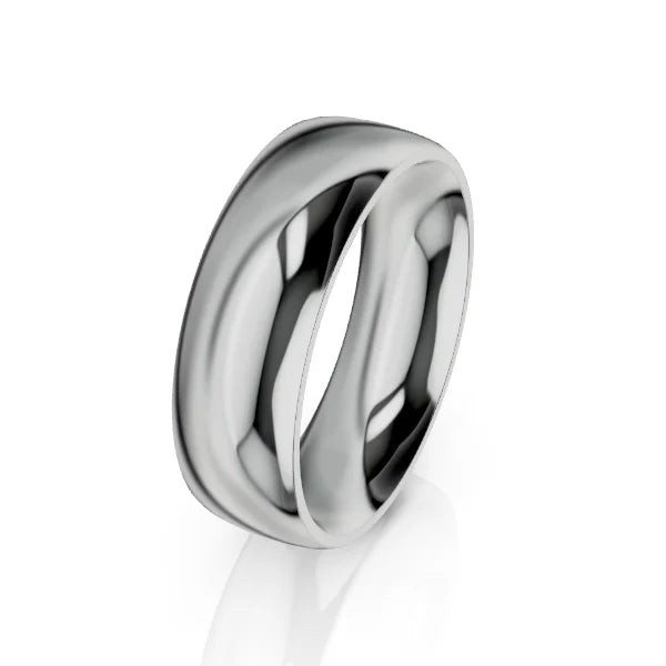 A polished, wide silver band ring with a smooth, reflective surface on a white background.