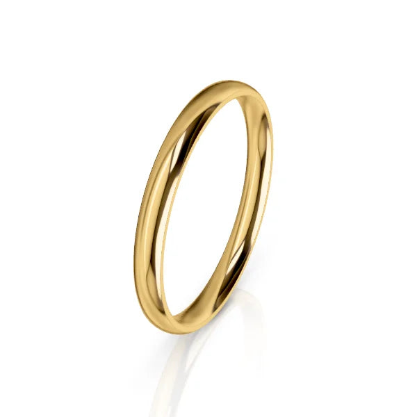 Thin, plain yellow gold band ring with a smooth, polished finish on a white background.