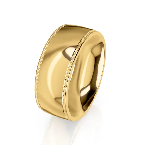Wide, polished yellow gold ring with a subtle milgrain edge, displayed on a white background.