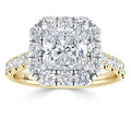 Gold ring with a large princess-cut diamond center, surrounded by a halo of round diamonds and diamond-studded band.