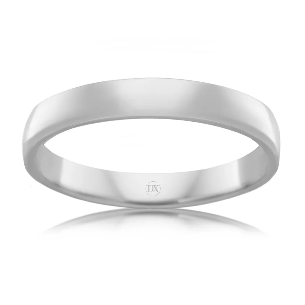 A plain, polished white metal ring with a slightly rounded band, shown on a white background.