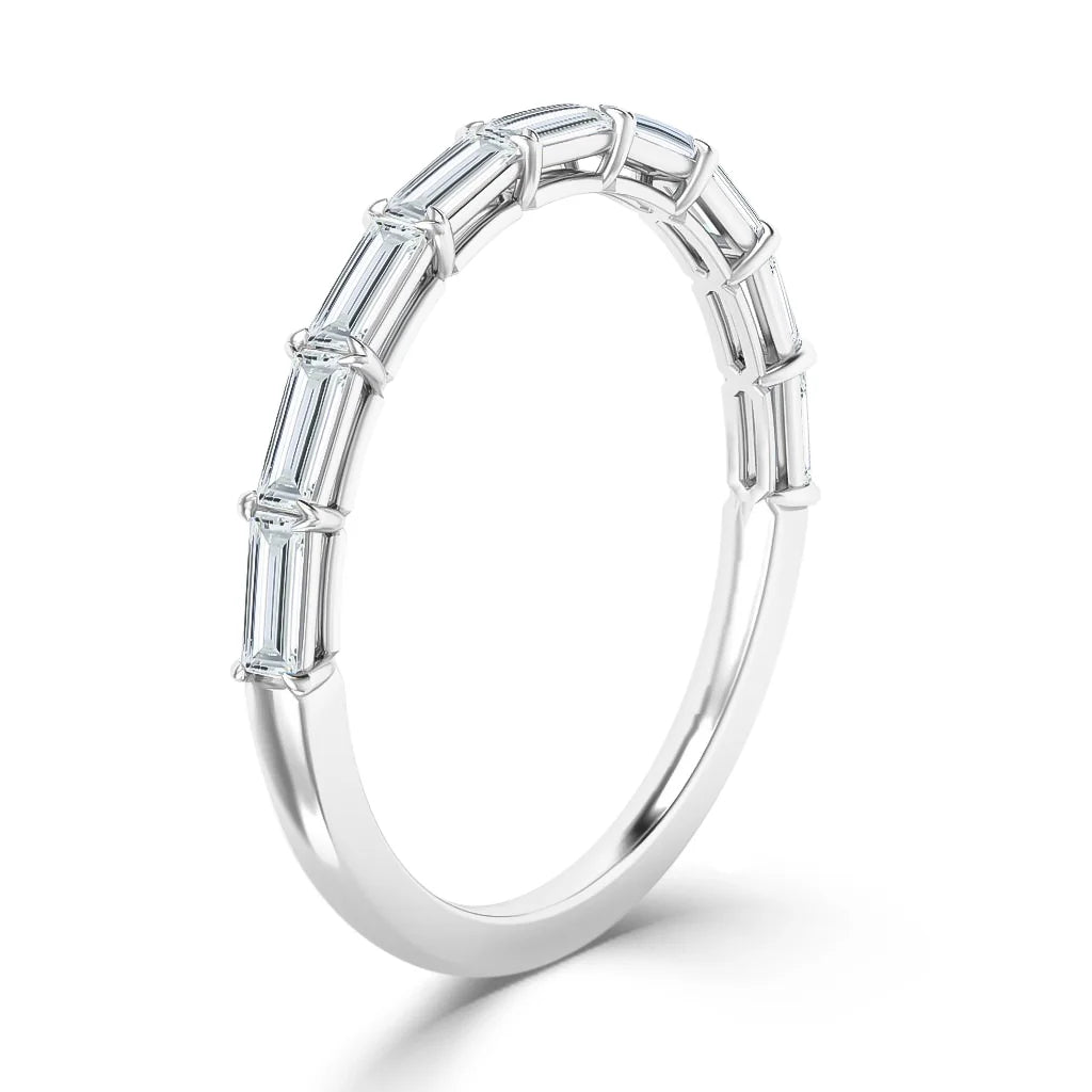 A thin silver ring featuring a row of vertically set baguette-cut diamonds on the upper half of the band.