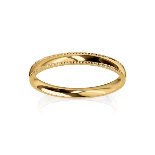 A simple, polished gold ring with a thin milgrain edge, displayed on a white background.