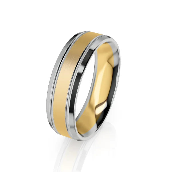 A two-tone ring with a brushed gold center band and polished silver edges on a white background.