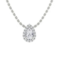 Pear-shaped diamond pendant with a halo of smaller diamonds on a silver chain, shown against a white background.