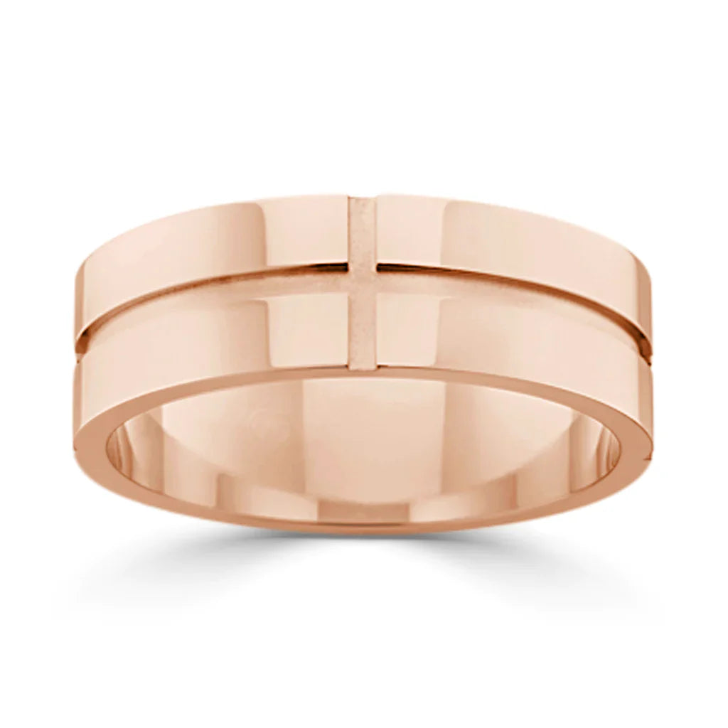 Rose gold ring with a polished finish, featuring a single engraved cross at the center of the band.