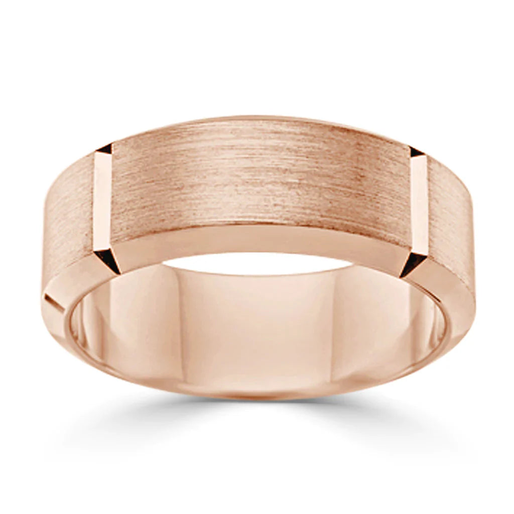 A wide rose gold ring with a brushed center and polished beveled edges, shown on a white background.