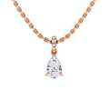 Rose gold chain necklace with a pear-shaped diamond pendant and three small round diamonds on the bale.