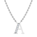 Silver necklace with an A pendant; left side of the letter is adorned with small, sparkling gemstones.