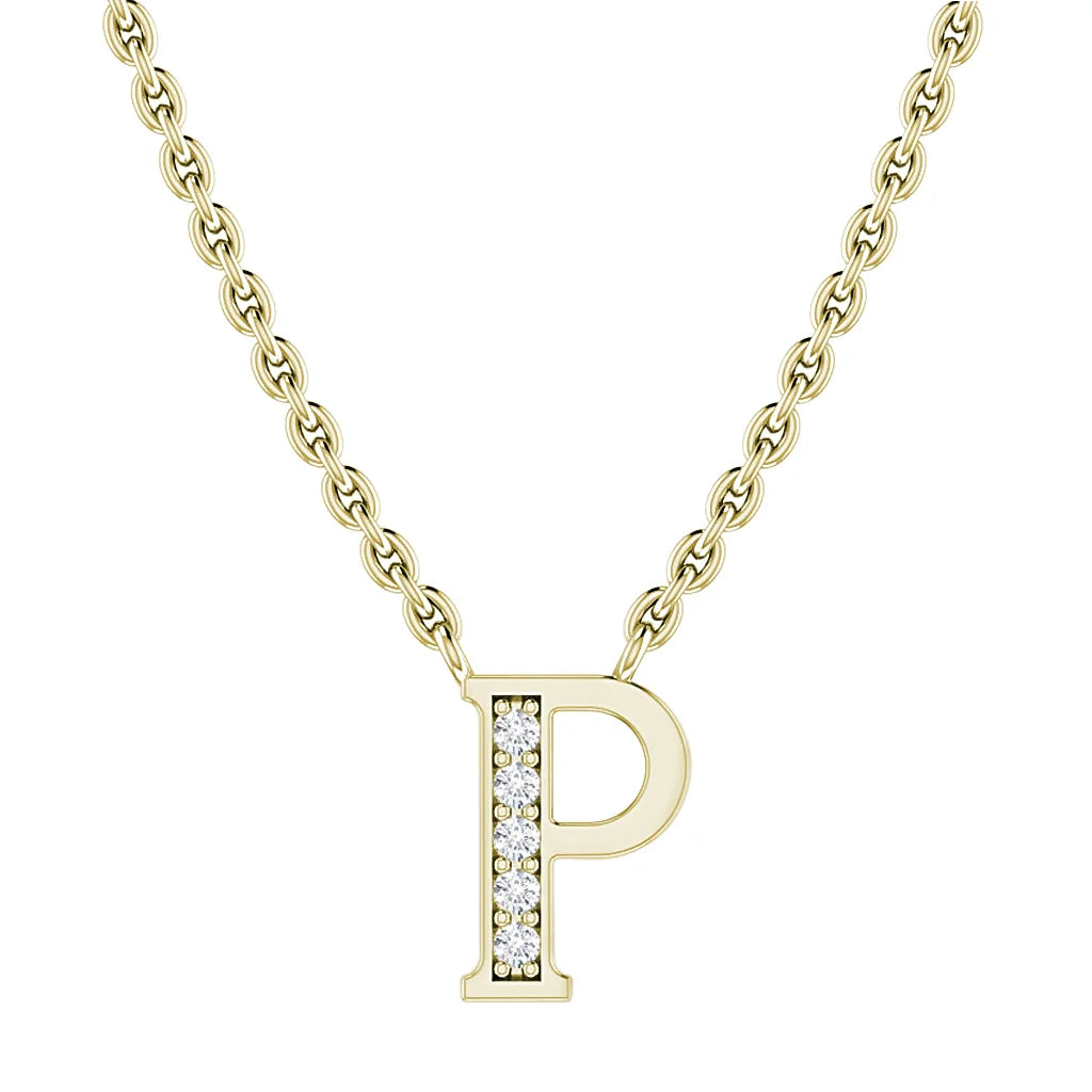 Gold chain necklace with a letter P pendant, featuring vertical row of small white gemstones.