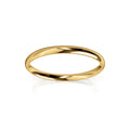 Thin, polished yellow gold ring with a smooth surface, shown on a white background with a slight reflection.