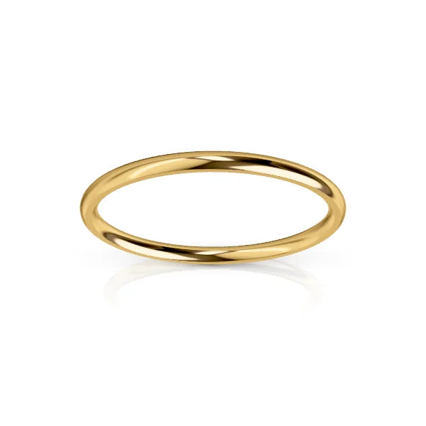 Thin, plain yellow gold band ring with a polished, shiny finish on a white background.