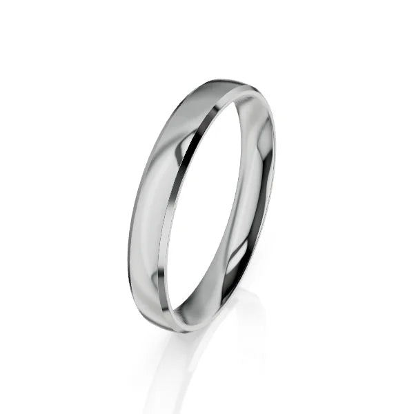 A plain, polished silver wedding band with a smooth, shiny surface on a white background.