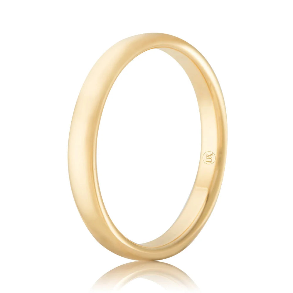 A simple, polished gold band ring with a smooth finish, shown on a white background with a slight reflection.