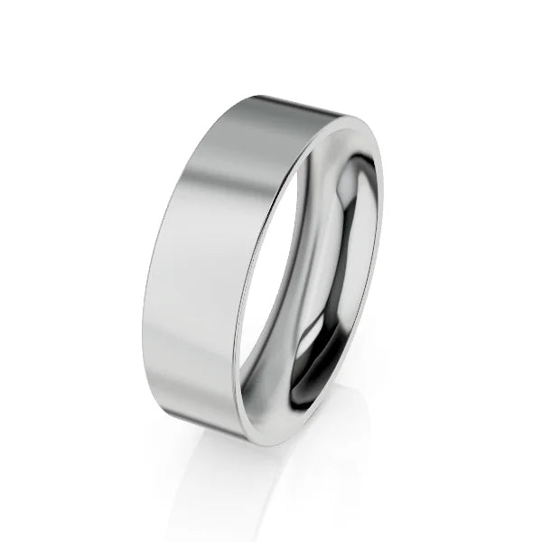 A plain, polished silver band ring with a smooth, reflective surface on a white background.