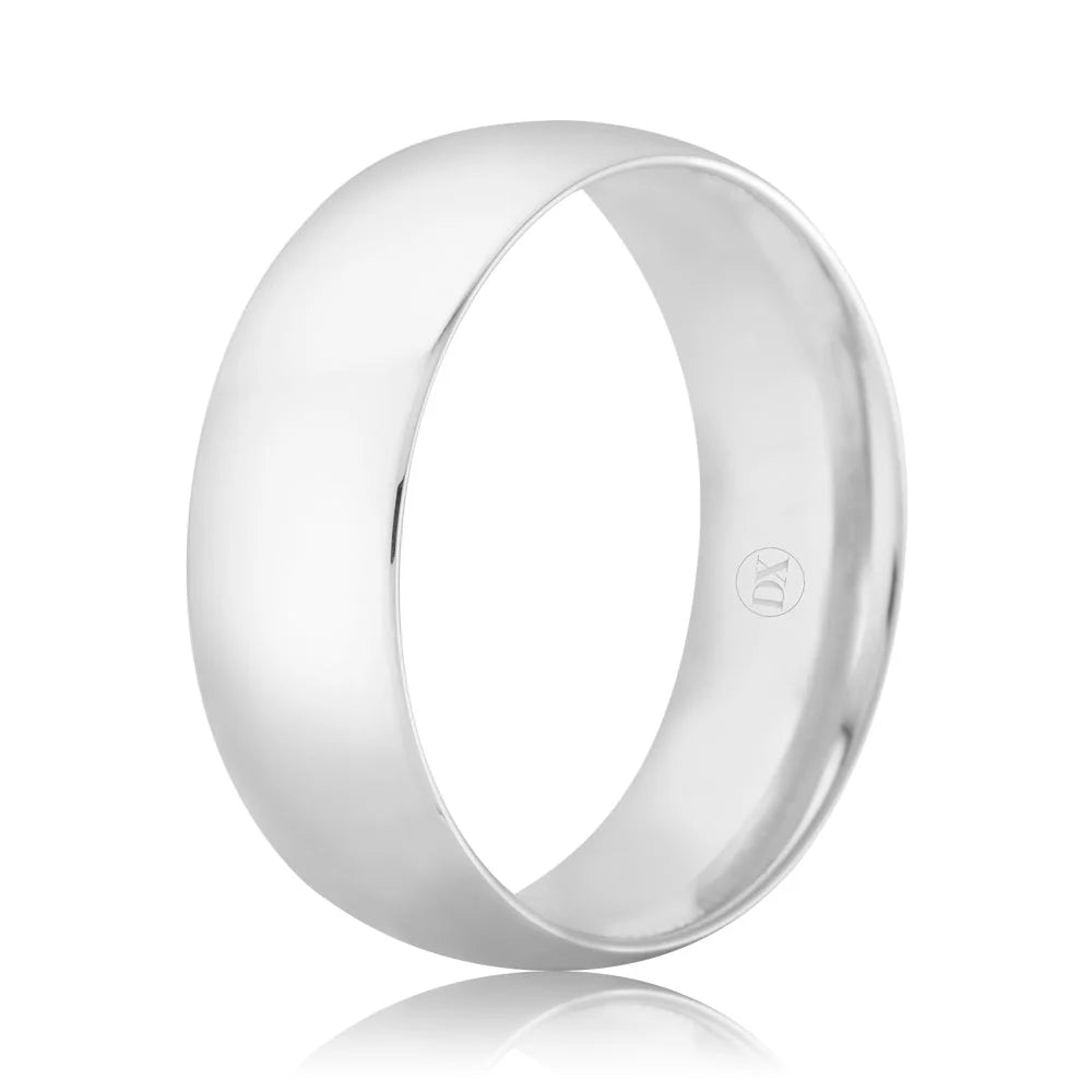 Simple, polished silver band ring with a smooth surface and a small engraved logo inside.