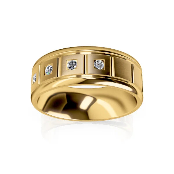 A gold ring with five evenly spaced round diamonds set in square frames around the band.