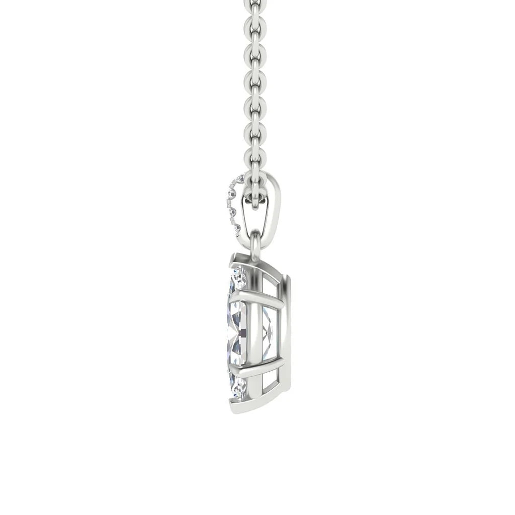 Side view of a silver pendant with a round gemstone, attached to a silver chain, on a white background.