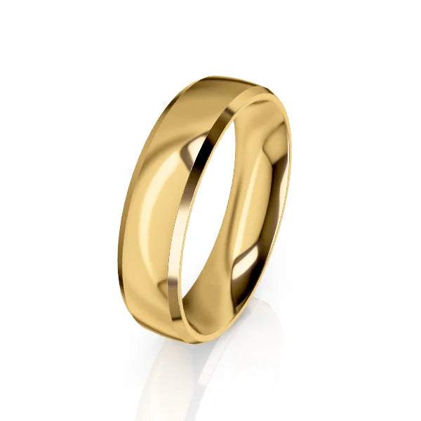 Gold wedding band with a shiny, polished finish, reflecting light, depicted against a white background.