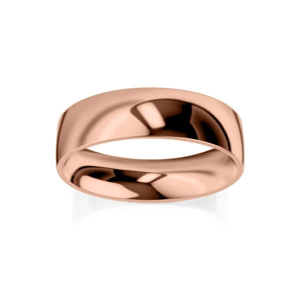 A shiny, plain rose gold band ring with a smooth, polished surface on a white background.