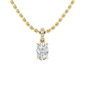 Gold chain necklace with oval-cut diamond pendant and three small diamonds on the bail, on white background.