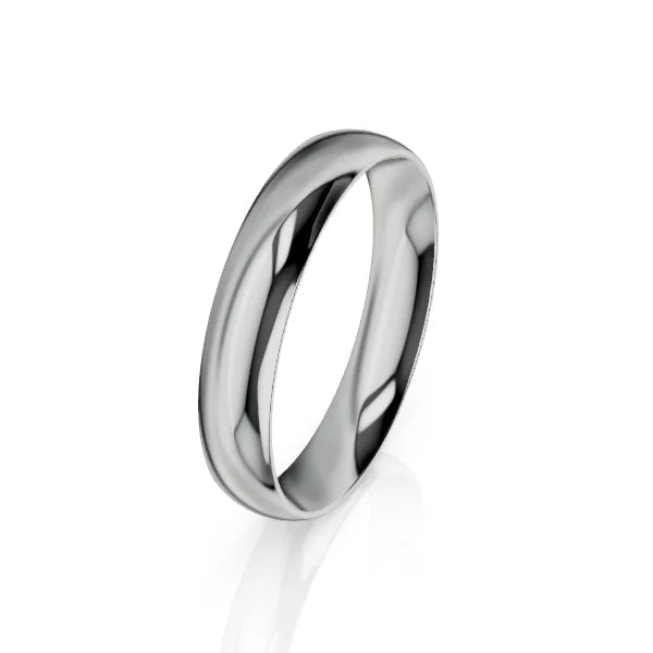 A simple, polished silver band ring with a smooth, rounded surface, displayed on a white background.