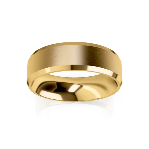 A polished yellow gold ring with a brushed finish on the outer surface, shown on a white background.